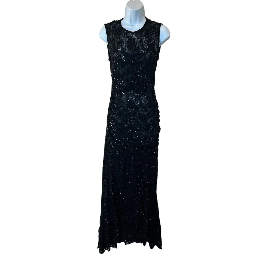 Aknvas Black Sequin Gown Size 6 Formal Luxury Sheer Ruched Flattering $1000 - Picture 9 of 13